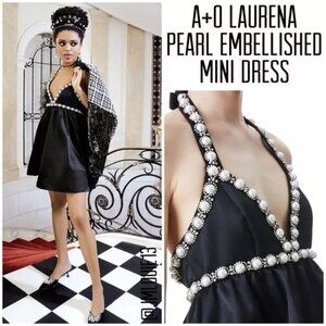 Alice + Olivia Laurena Empire Pearl Rhinestone Black Halter Mini Dress 8 $595 NW